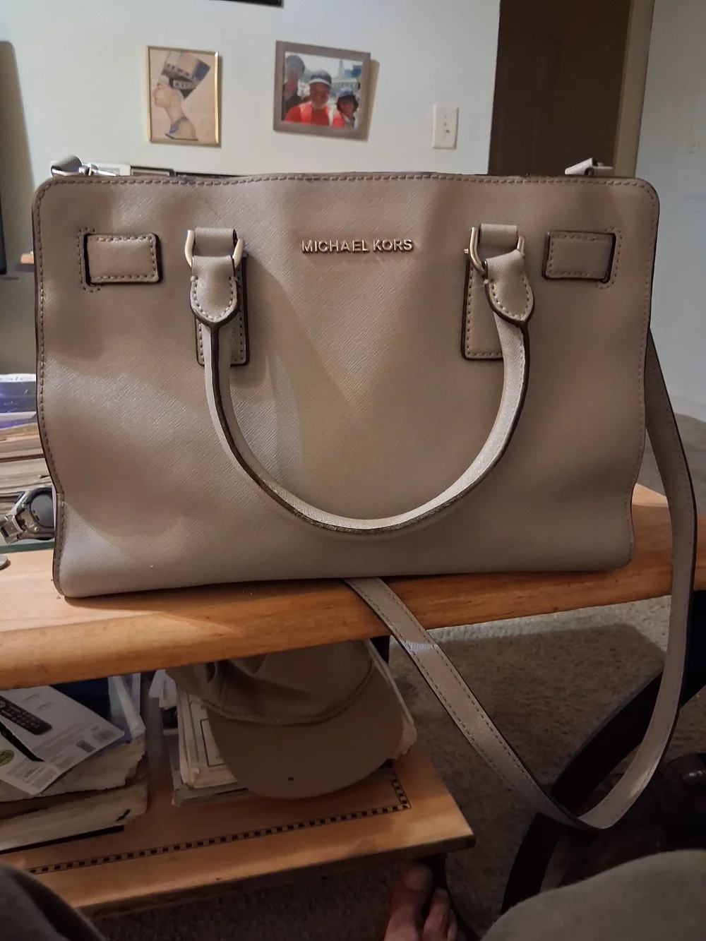 Michael Kors Beige Saffiano Leather Satchel with Gold Logo